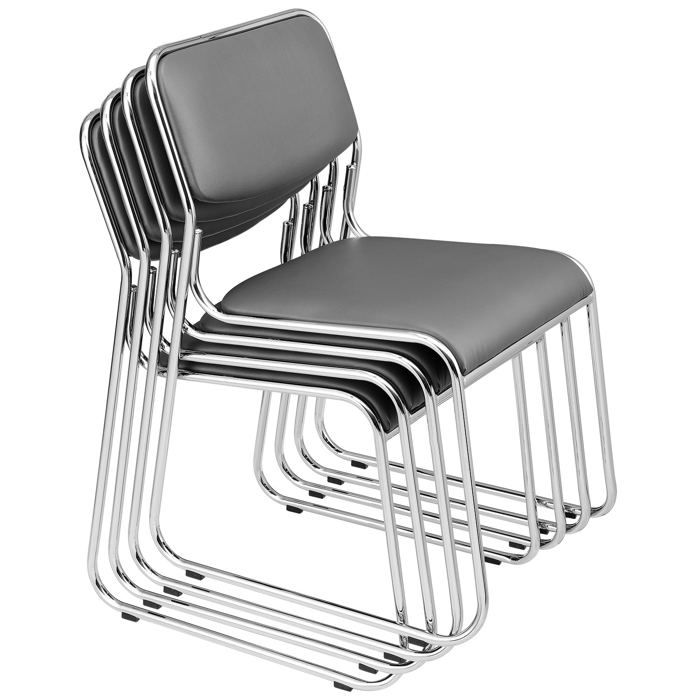 lot de 4 chaises de bureau de conference empilable en similicuir gris cadre metal chrome
