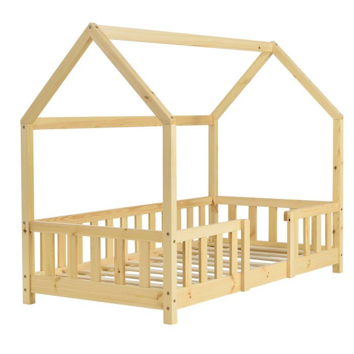 lit pour enfant cabane maison avec barrière et sommier à lattes en bois de pin naturel 80 par 160 - beige