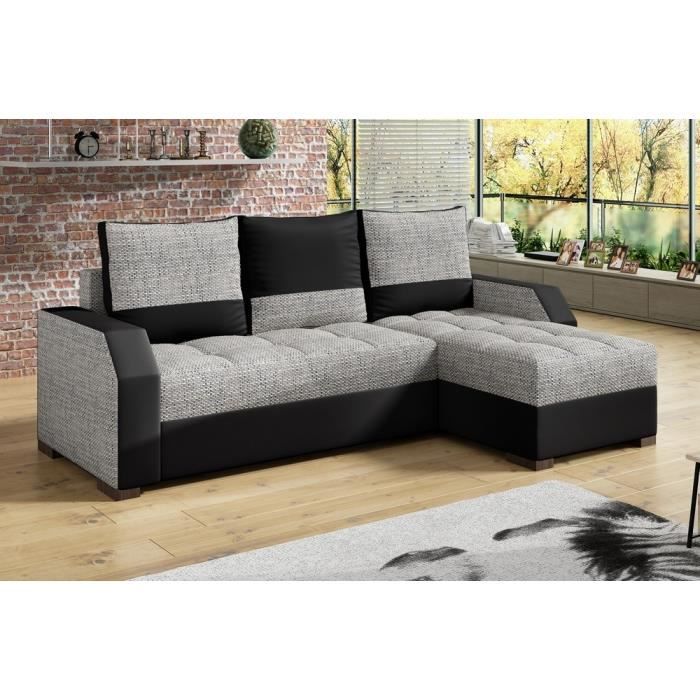 Canapé dangle convertible ARTE en tissu et simili de qualité gris et noir 3/4 places angle droit (vu de face) Canapé dangle convertible ARTE en tissu et simili de qualité gris et noir 3/4 places angle droit (vu de face)
