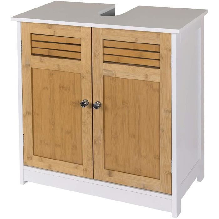 Eugad Meuble Sous Lavabo En Mdf Et Bambou Armoire De Toilette Avec 2 Portes 60x30x60cm Blanc Nature Achat Vente Meuble Vasque Plan Eugad Meuble Sous Lavabo Soldes Sur Cdiscount
