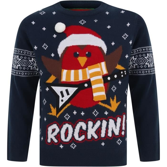 MERRY CHRISTMAS Pull de Noël Oiseau Père Noël Bonnet Pompom Bleu Garçon