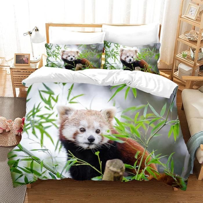 Parure de couette Panda Rouge 140x200cm en microfibre avec fermeture éclair  et taies d'oreiller