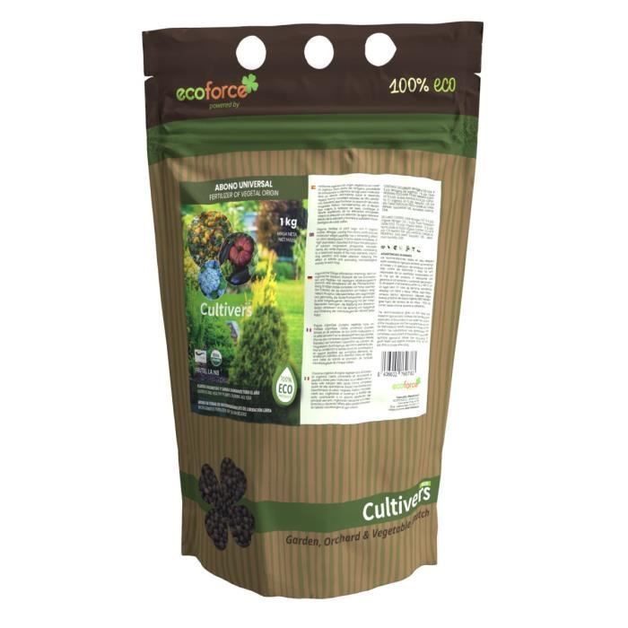 CULTIVERS Engrais organique universel pour plantes, 1 kg. Engrais granulé avec NPK 8-1-5 +74% M.O. et Ác. Humics. Libération lente.