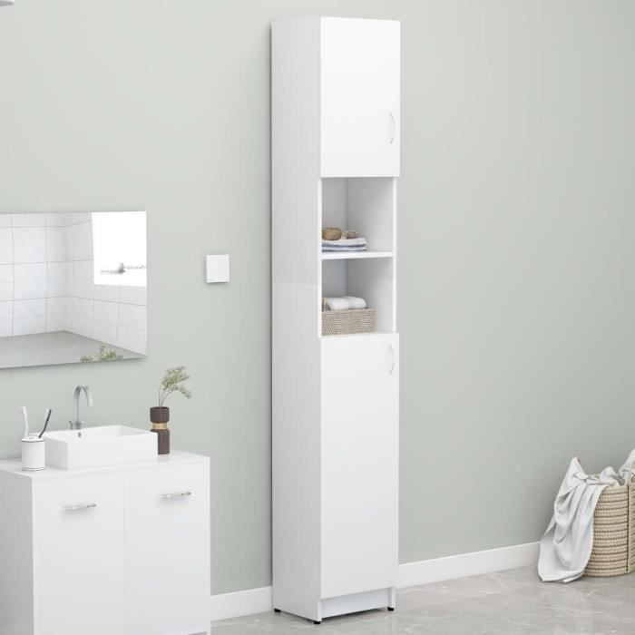 Armoire de salle de bain - Aggloméré - Blanc - 32x255x190 cm - 4 étagères avec portes et 2 étagères ouvertes