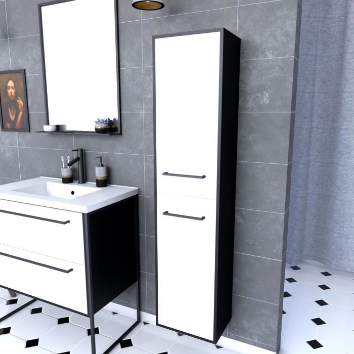 colonne de salle de bain noir mat 30x35x150 cm avec 2 portes blanches et poignées noir mat - structura p048