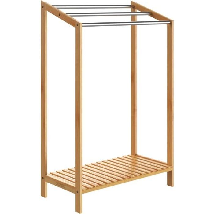 Porte-serviettes en bambou sur pied avec 3 barres en inox Étagère de rangement Porte-serviettes en bambou sur pied avec 3 barres en inox Étagère de rangement