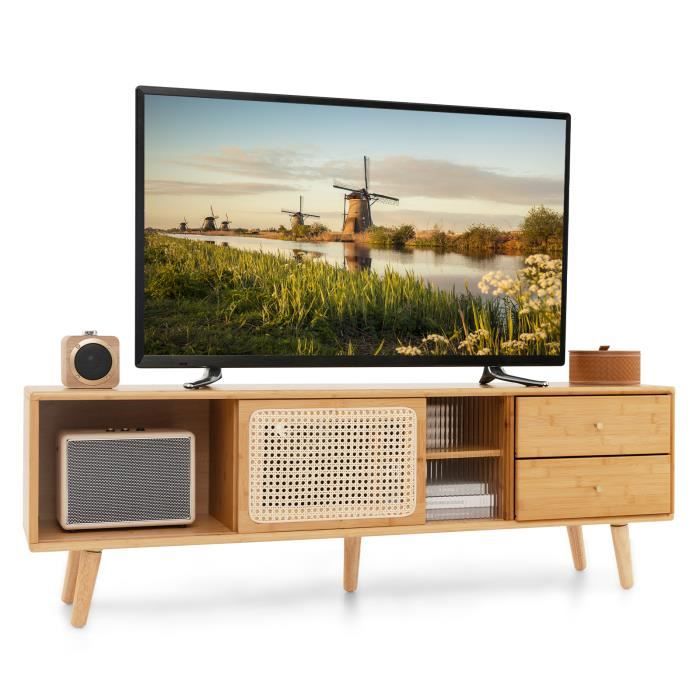 COSTWAY Meuble TV en Bambou pour TV 65 avec 2 Compartiments 2 Tiroirs Porte Coulissantes pour Salon Chambre 140 x 31 x 45 5 cm