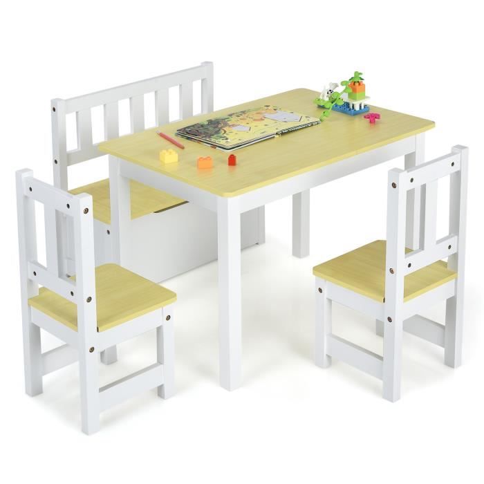 DREAMADE Ensemble de Table et 2Chaises Enfant avec Banc Coffre à Jouet 2 en 1 Ensemble Table dActivité en Bois pour