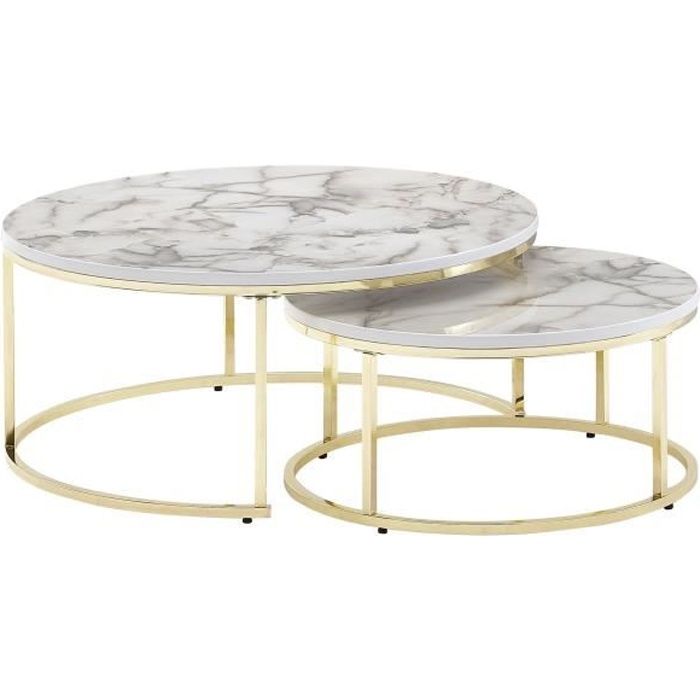 finebuy set de 2 table gigogne optique marbre blanc table moderne [d'or]