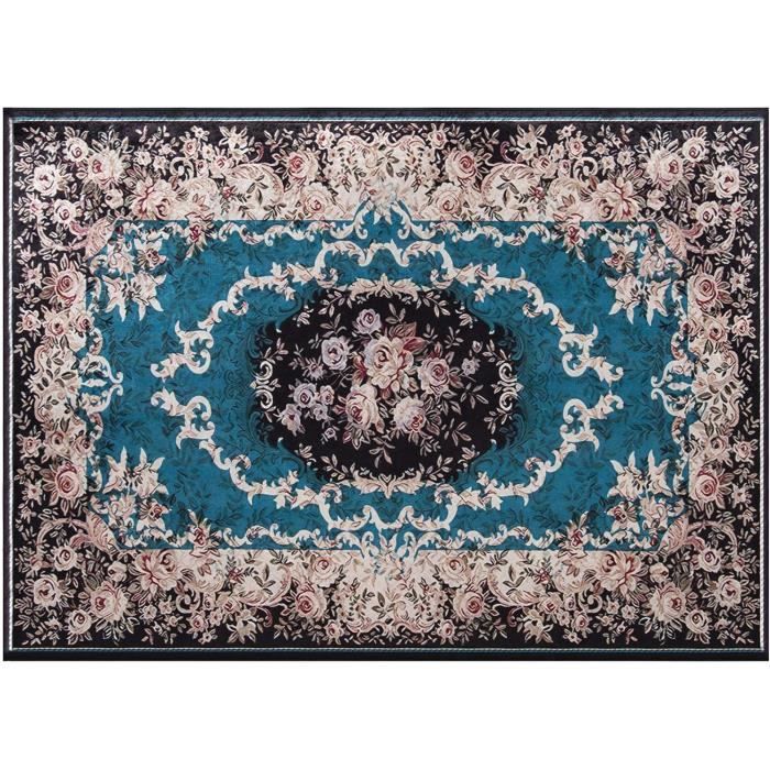 Tapis Salon 160x230 Cm Motif Plantes à Fleurs - Lavable, Antidérapant, Poils Courts, Style Pastoral