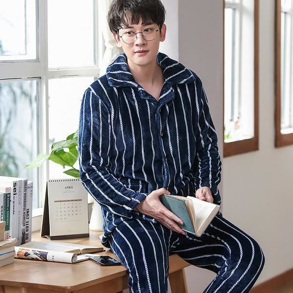 Pyjama Homme Hiver 100% Coton - Ensemble à Rayures Avec Boutons Et Pantalon à Poches - Confortable, Doux - Taille S à XXL - 6