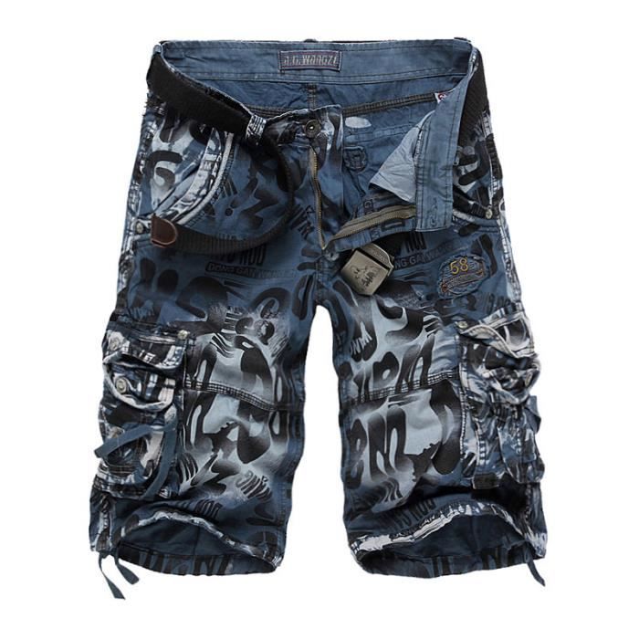 Short Homme,Short Cargo en Coton Confortable avec Entrejambe,Camouflage Shorts Homme Multiples Poches Sans Ceinture-Bleu