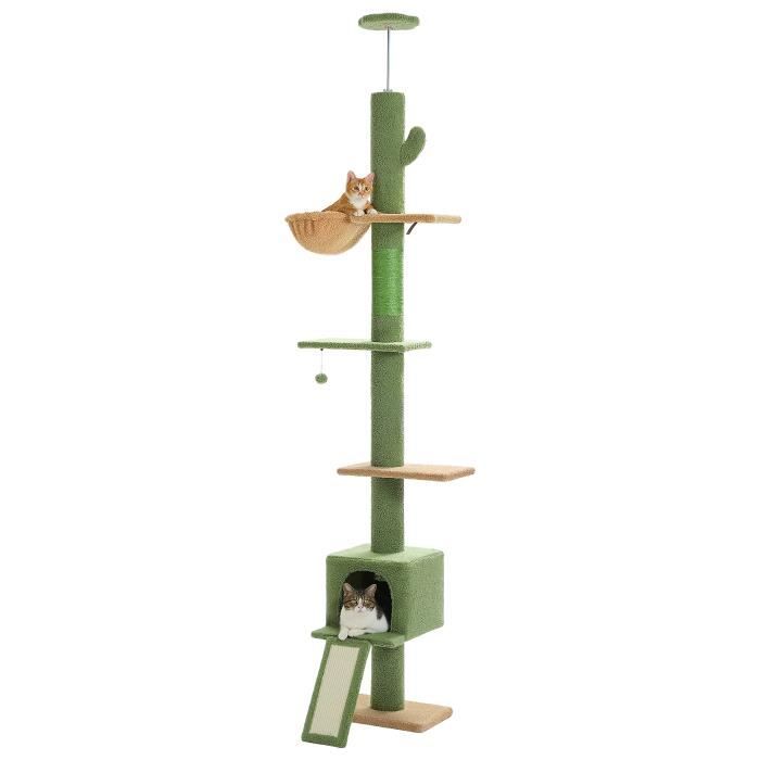 Comparer les prix de PAWZ Road Arbre a Chat Cactus au Plafond Ajustable 216-273 cm, Arbre à Chat avec Hamac & Condo & Ceinture Anti-Chute, Vert.