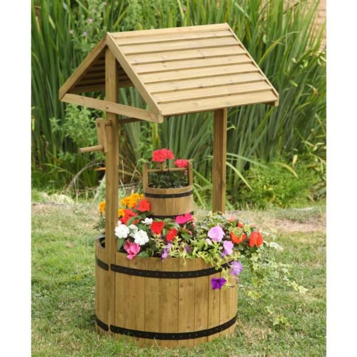 Puits en bois de sapin décoratif jardin terrasse extérieur 135cm support plante