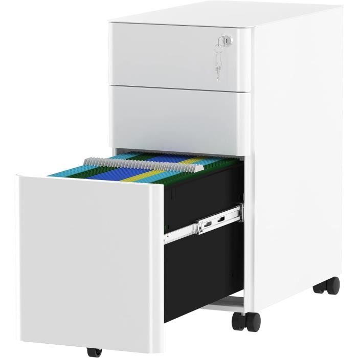 Caisson De Bureau 3 Tiroirs Avec Roulettes – Rangement A4, Documents, Mobile, Anti-basculement (53x39x58cm, Naturel+noir)