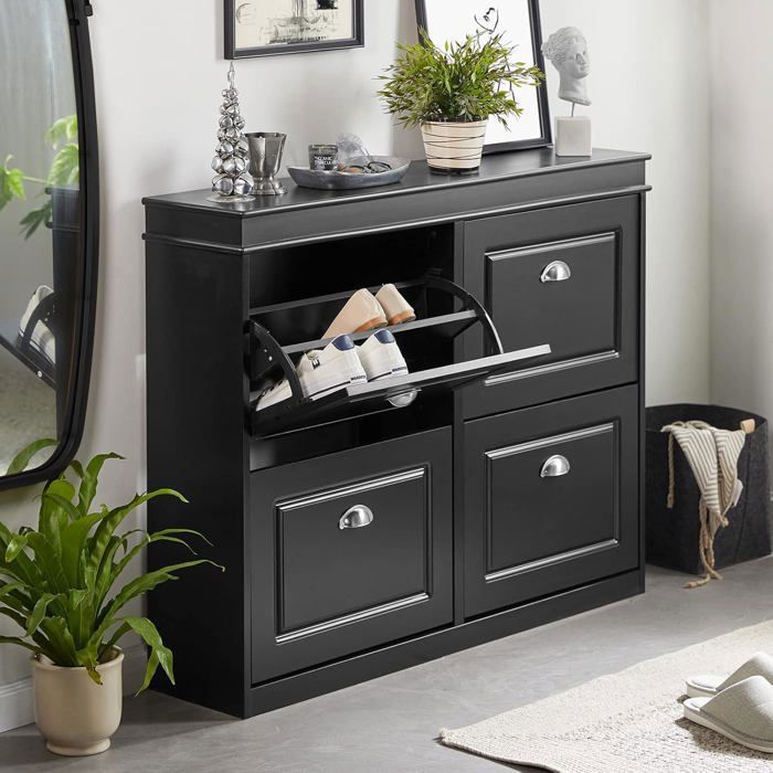 SoBuy Meuble À Chaussures Noir avec 4 Abattants pour 16 Paires Rangement D’entrée 105x24x83cm pour Couloir ou Hall Dentrée SoBuy Meuble À Chaussures Noir avec 4 Abattants pour 16 Paires Rangement D’entrée 105x24x83cm pour Couloir ou Hall Dentrée