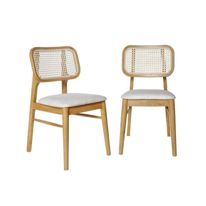 sweeek - Chaise bohème bois dhévéa cannage et tissu (lot de 2) MANI
