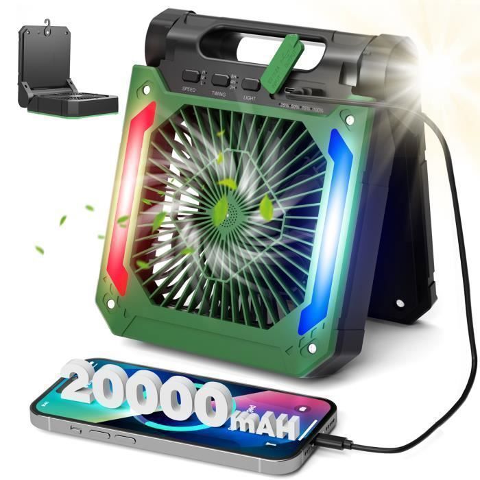 Ventilateur de Table Silencieux avec Lumière LED Ventilateur Portable Rechargeable 20000mAh Ventilateur solaire Pour Camping Vert - Tanbaby