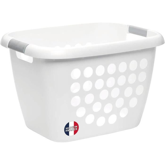 Panier à linge en plastique - Volume 50L - Fabriqué en France - Panier linge blanc robuste - Corbeille à linge extra large avec trous de ventilation et poignées souple - sans