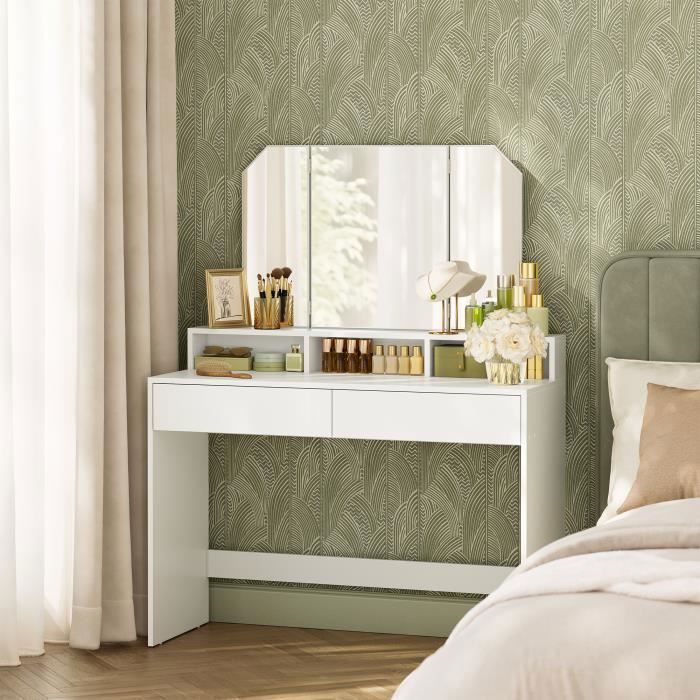 VASAGLE Coiffeuse avec miroir 2 tiroirs et 3 compartiments de rangement SANS TABOURET 100 x 40 x 142 cm Blanc VASAGLE Coiffeuse avec miroir 2 tiroirs et 3 compartiments de rangement SANS TABOURET 100 x 40 x 142 cm Blanc