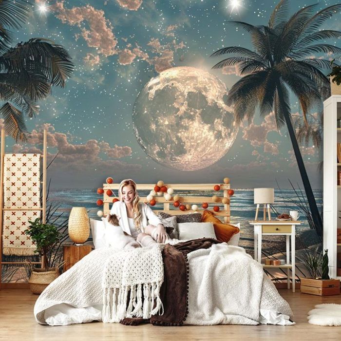 Papier Peint Panoramique Mural 3d Soie Plage Nuit Scne Lune Noix de ...