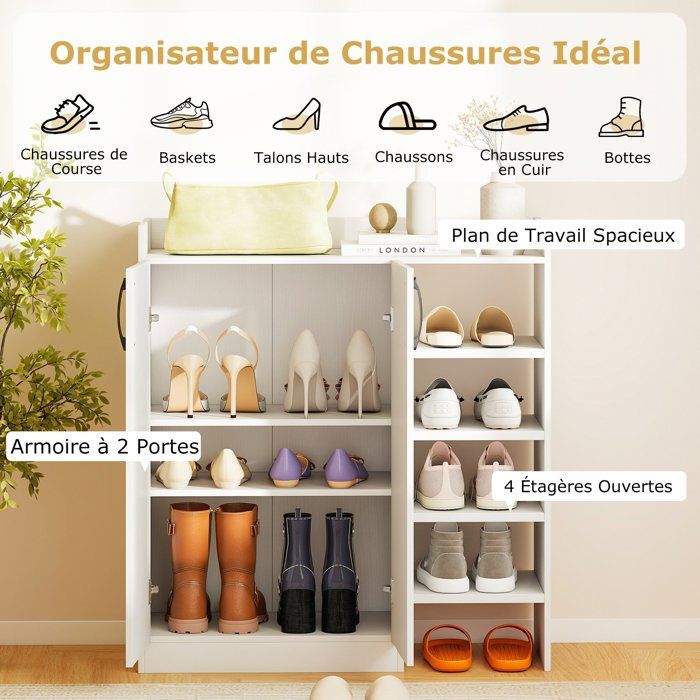 COSTWAY Meuble a Chaussure avec 2 Tiroirs Abattants, Rangement Ouvert COSTWAY Meuble a Chaussure avec 2 Tiroirs Abattants, Rangement Ouvert