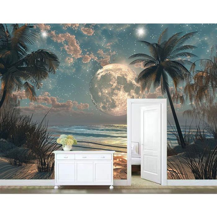 Papier Peint Panoramique Mural 3d Soie Plage Nuit Scne Lune Noix de ...
