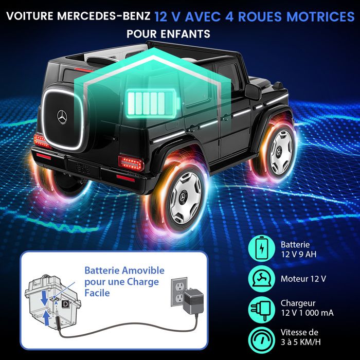Voiture Électrique Enfant Mercedes G63 12V – Télécommande 2,4G, Démarrage Doux, 3-5 Km/h, Charge 30 Kg – 3-8 Ans