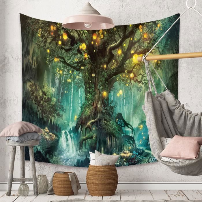 Tapisserie Arbre De Vie 150x130cm - Décor Bohème Noir Et Blanc - Lune Et Soleil