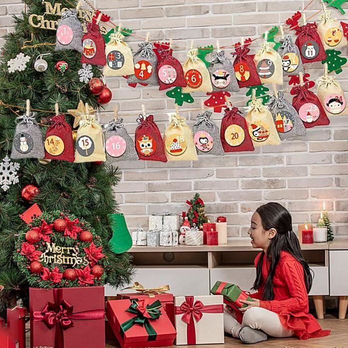 Calendrier De L’Avent à Remplir 2025 Avec Guirlande LED - 24 Sachets Tissu, Pinces Bois & Corde Chanvre Pour Noël Enfants Famille