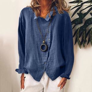 CHEMISIER - BLOUSE Mode Femmes Coton Lin Casual Boutons Solides Manches Longues T-Shirt Blouse Tops Bleu marine