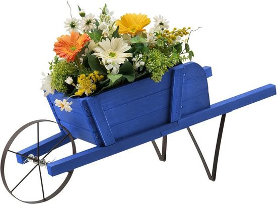 GOPLUS Support de Plantes en Forme de Brouette en Bois, Support de Pots de Fleurs décoratif avec Roue en métal, 9 Accessoires, Bleu