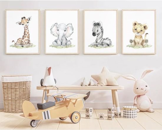 Lot 4 Affiches Animaux Safari Chambre Bébé - 21x30 Cm Chaque - Toile Coton 320gsm - Lion, éléphant, Girafe, Zèbre - 4