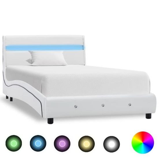 Cadre de lit 1 personne 90 x 200 cm Lit simple pour enfant-adlulte avec LED Blanc Similicuir |8454