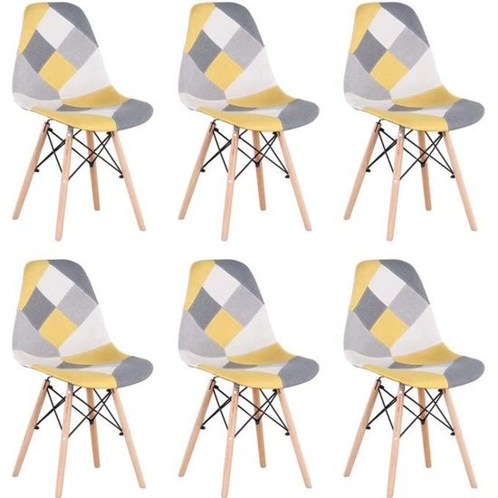 Lot de 6 Patchwork Eiffel Chaise de Salle a Manger Salon Chrome Rétro Moda Multicolore(jaune)