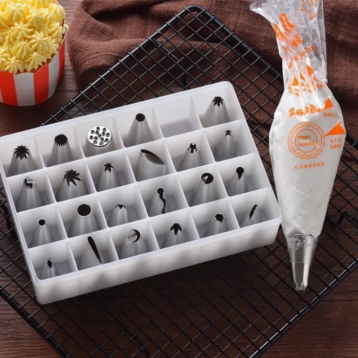 24Pcs Douille Poche à Douille Pâtisserie Kit Décoration de Gâteaux Crème DIY Réutilisable(24 Douilles Inox+100 PCS Poche à Douille J