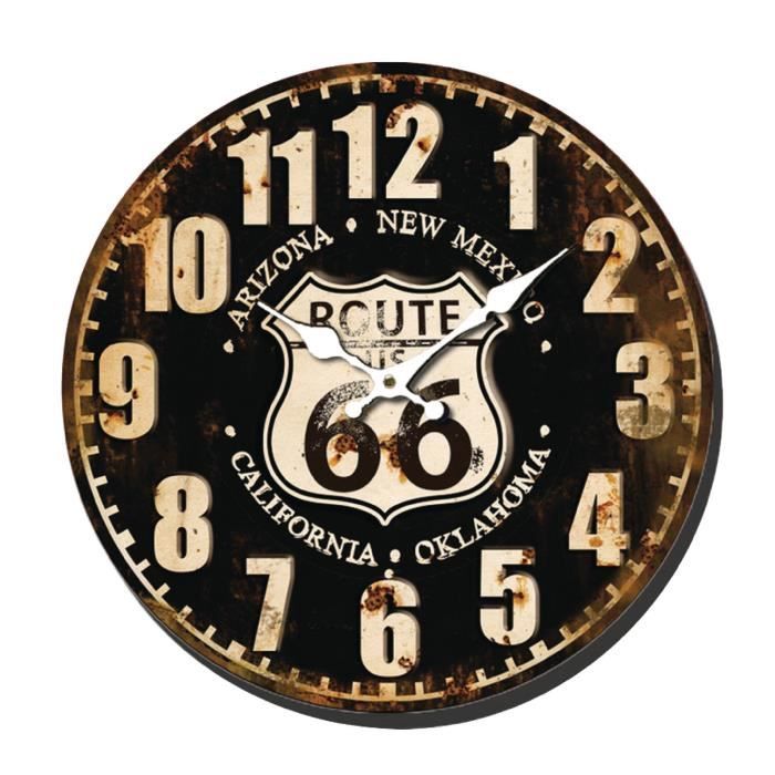 HORLOGE PENDULE MURALE DESIGN RONDE RETRO ROUTE 66 COULEUR 40cm A AIGUILLES
