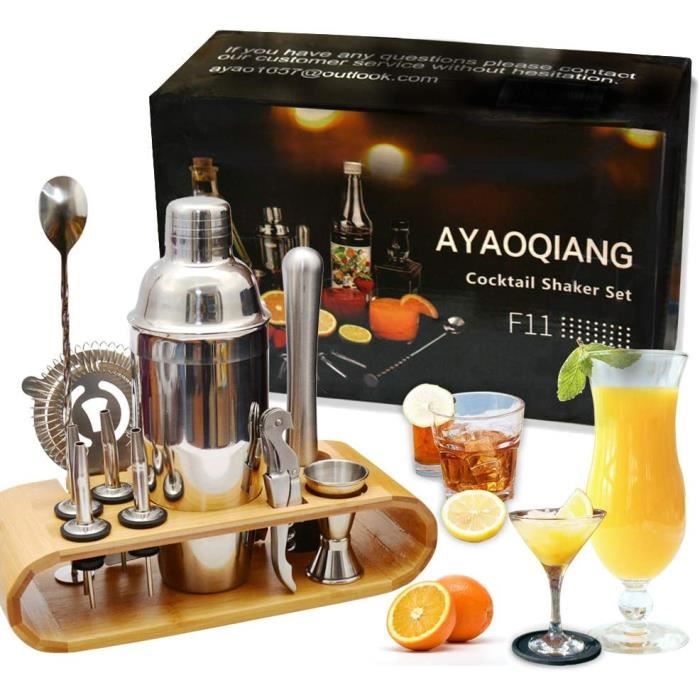 AYAOQIANG Shaker à Cocktail,Shaker Cocktail Professionnel 12 Pièces,Cocktail Shaker 750ml Kit Barman avec Support en Bois