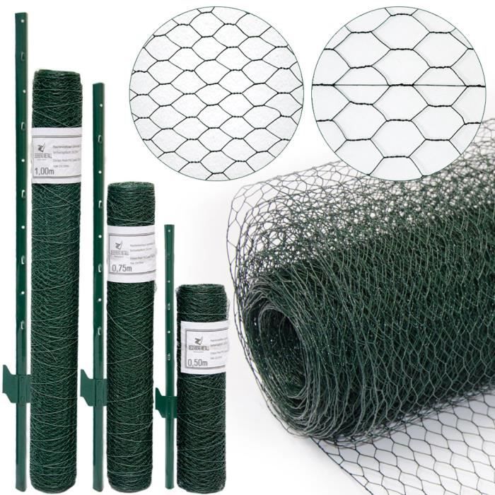 Grillage à mailles hexagonales + Poteaux | Rouleau de 25m | Hauteur 1m | Maillage 13x13mm | Incl 20 Poteaux 140cm de haut | Grill...