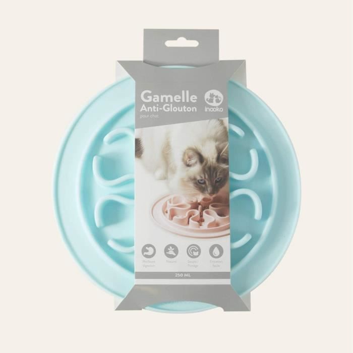 Gamelles et distributeurs pour chats inooko - Gamelle Anti-glouton pour Chat, Antidérapante, Bleu Pastel, 250 ml 105298