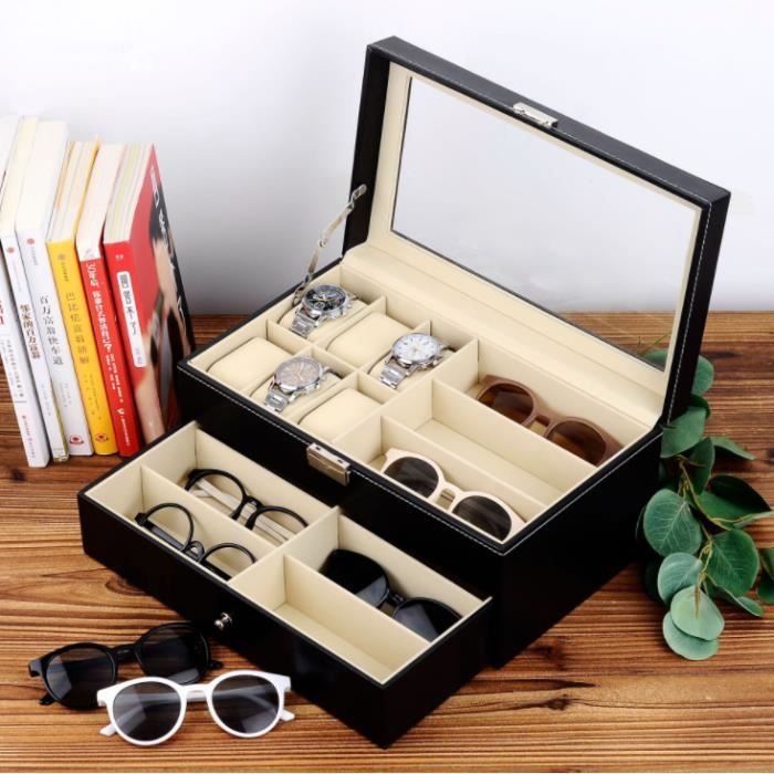 Présentoir Boîte - Coffret à Montre Bijoux - Coffret de Rangement Lunettes - PU double Couche avec Serrure Ecrin en Cuir