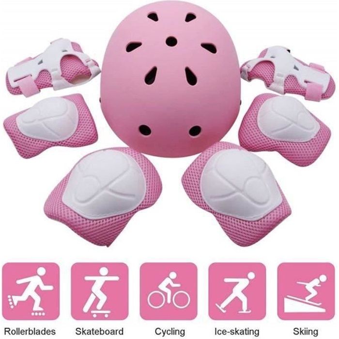 kit de protection roller pour Enfants, Casque de Velo Enfant, Casque/Genouillères/ Coudières/Coussins Poignet, Rose
