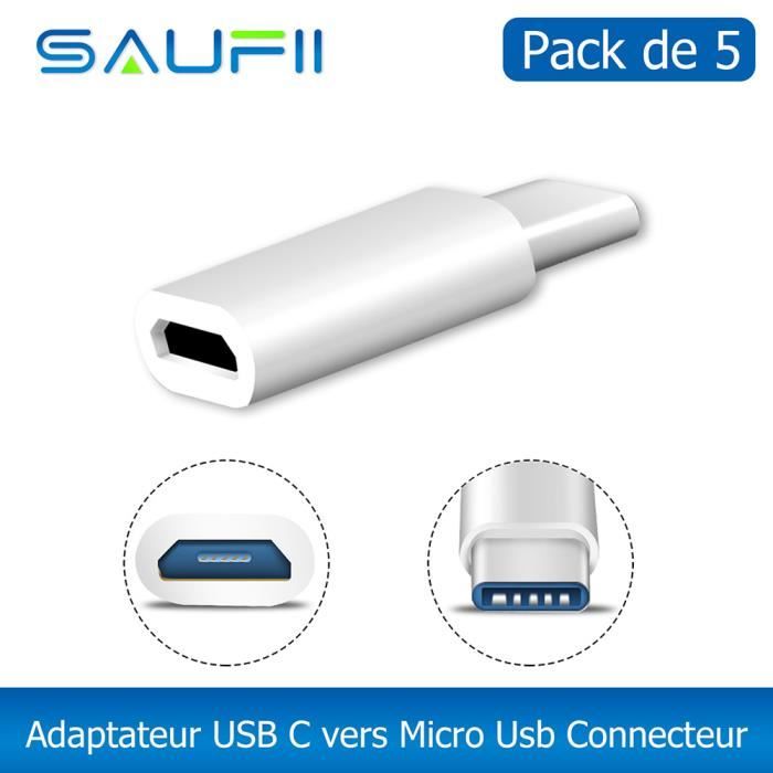 [ 5 pcs ] SAUFII Câble Adaptateur USB C Type-C 3.1 vers Micro B USB 2.0 Connecteur pour ZUK Z2 NEXUS 5X 6P (Blanc)