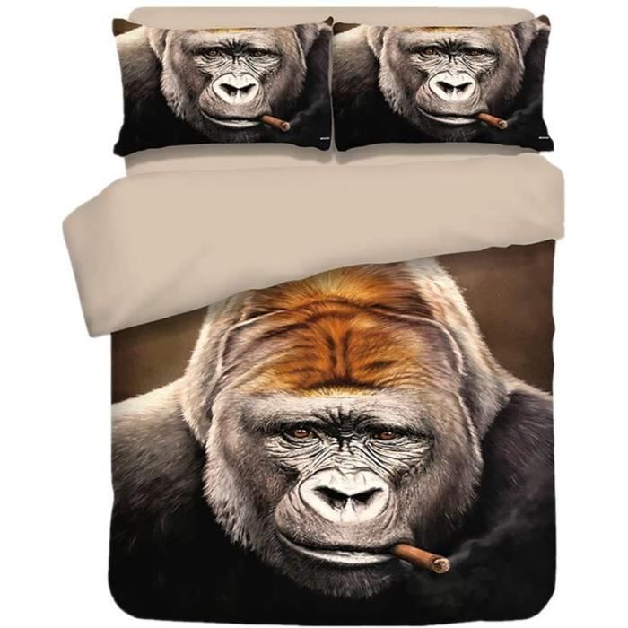3D HD Animal Parure de lit avec, 25% Coton, Bleu Vert Caméléon Léz lanc Gorille du Tigre Housses de Couettes (Gorille, 140_x_210_cm)
