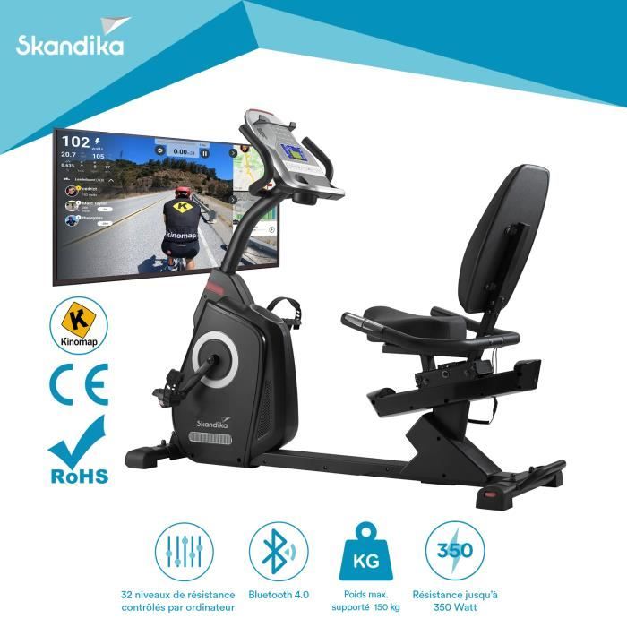 Skandika Veien - Vélo d'appartement ergomètre Semi-allongé couché - 32 Niveaux de résistance - Bluetooth - App - 15 Prog. - Max.