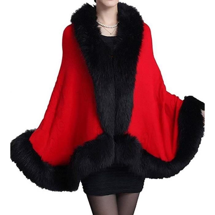 Châle Manteau Femme Chaud Hiver Cape en Fausse Fourrure Cachemire Pardessus Élégant Poncho écharpe fête Foulard Outwear Rouge