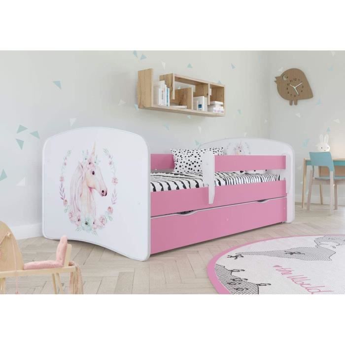 Lit Enfant Rose avec Matelas 70x140 cm avec Barrière Sécurité, Tiroir et Sommier à Lattes - pour Garçons et Filles - Cheval-Licorne