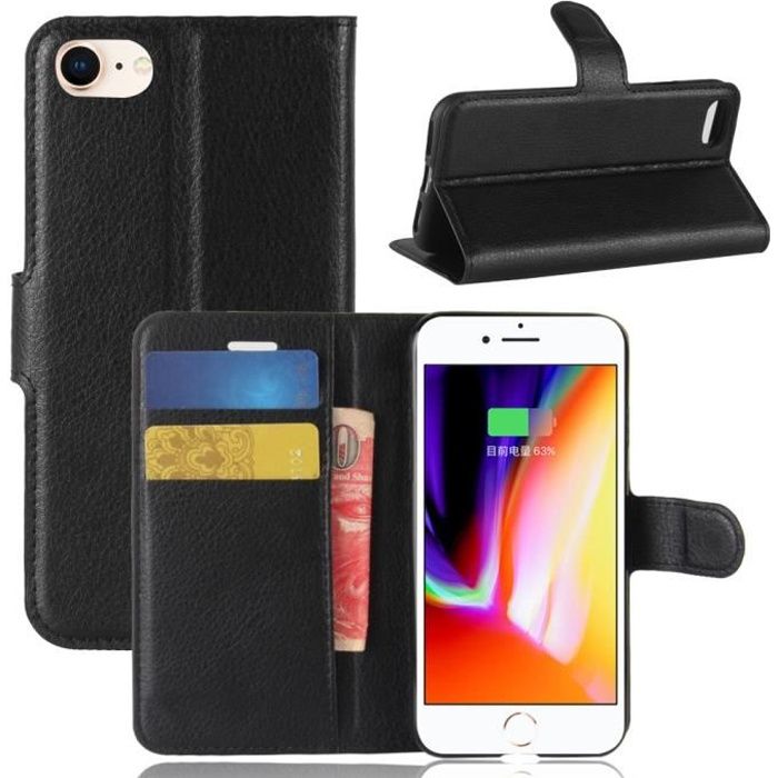 Housse étui Coque Pour iPhone 7/8/SE 2020 Noir Portefeuille PU Cuir Flip Case Cover
