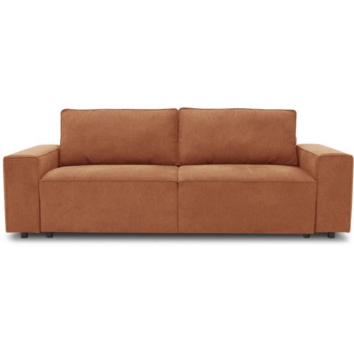 Canapé convertible 3 places JOSH - Tissu Loft Terracotta - Coffre de rangement - L 197 x P 117 x H 6