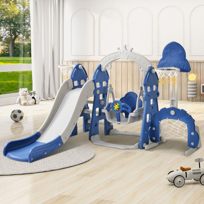 Toboggan Enfant 5 En 1 Intérieur/Extérieur – Avec Balançoire, Panier Basket | PEHD Sécurisé, Montage Sans Outil | 3-6 Ans